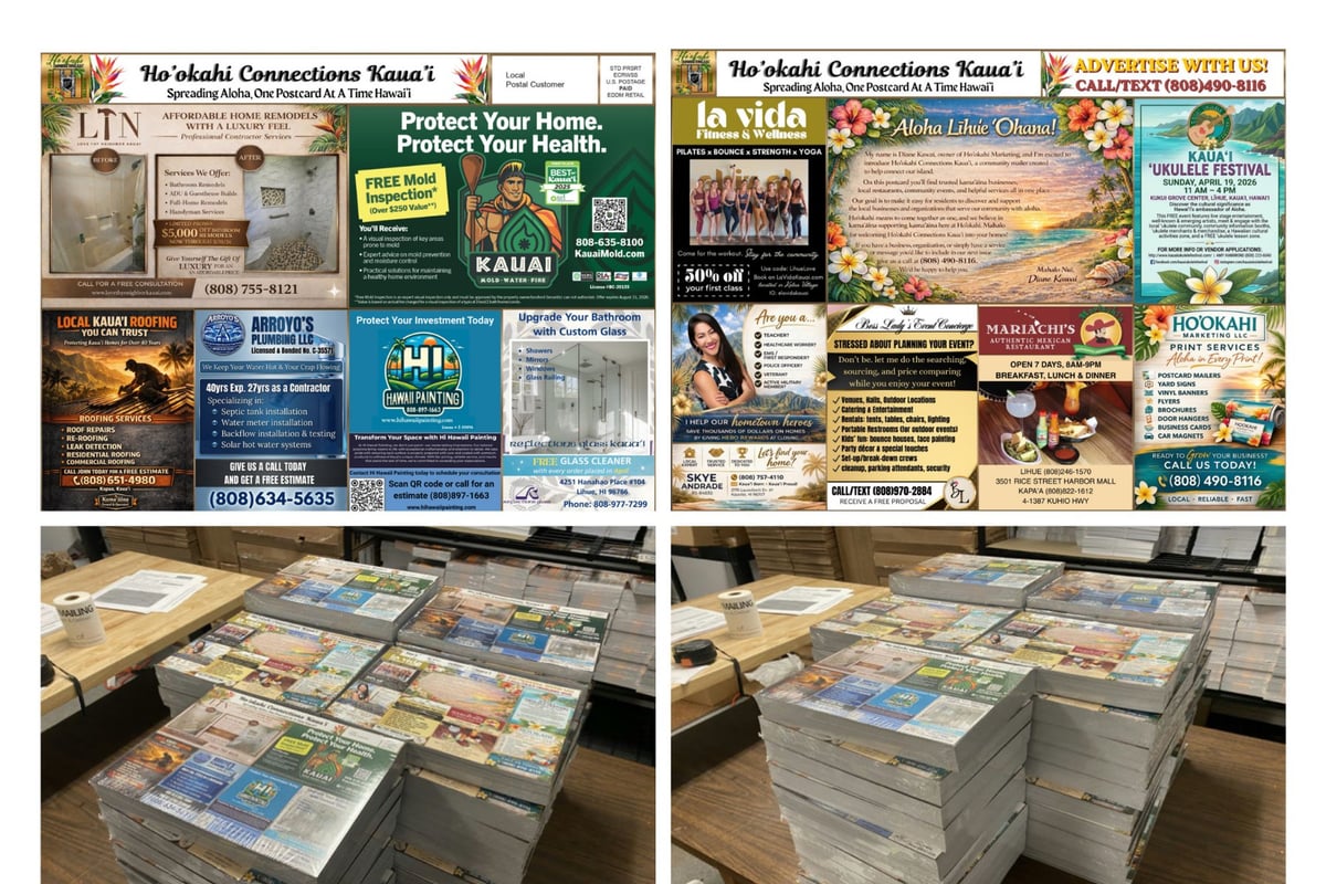Collection of printed flyers and advertisements displayed on tables, showing various local business promotions and community services.