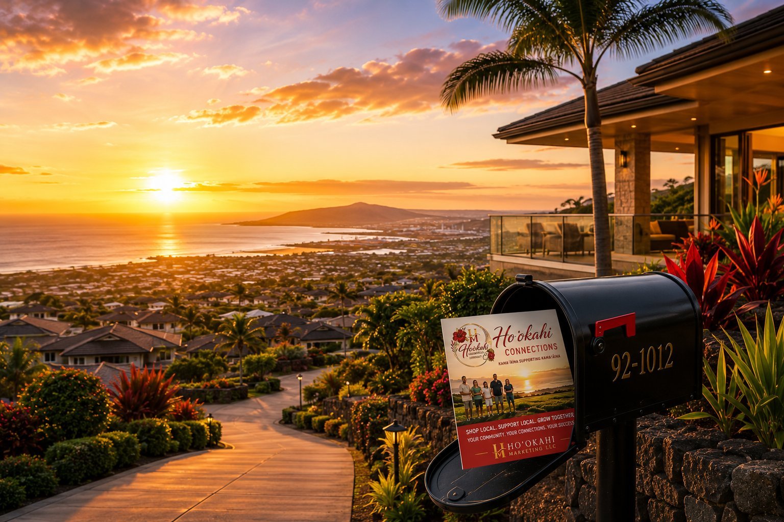 Sunset view from a hilltop home with a mailbox, palm tree, and coastal valley landscape at golden hour