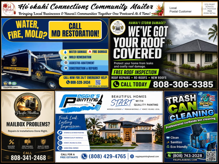 Collage of local business advertisements including water damage restoration, roofing, painting, and trash cleaning services with contact information and company logos.