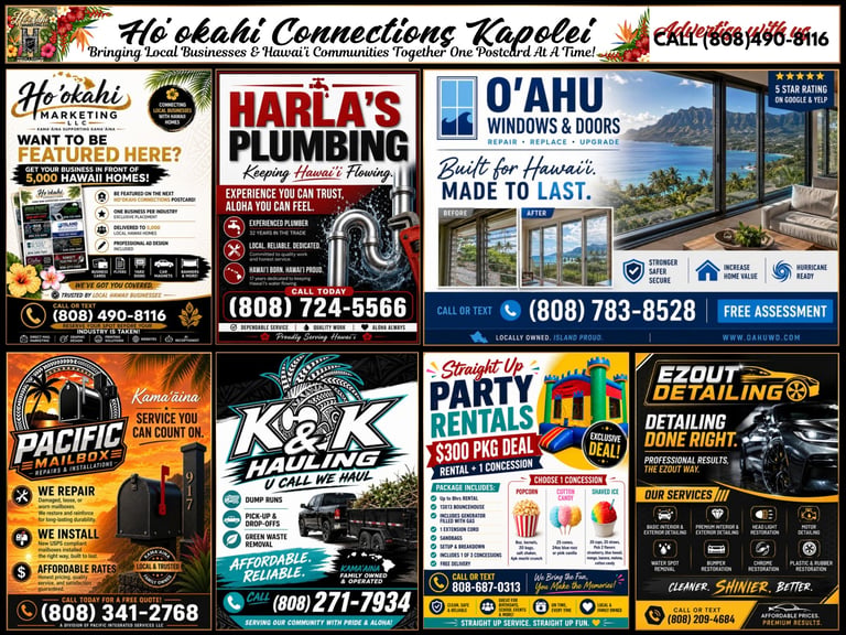 Collage of local business advertisements from Hookahi Connections Kapolei featuring plumbing, windows, hauling, party rentals, and detailing services