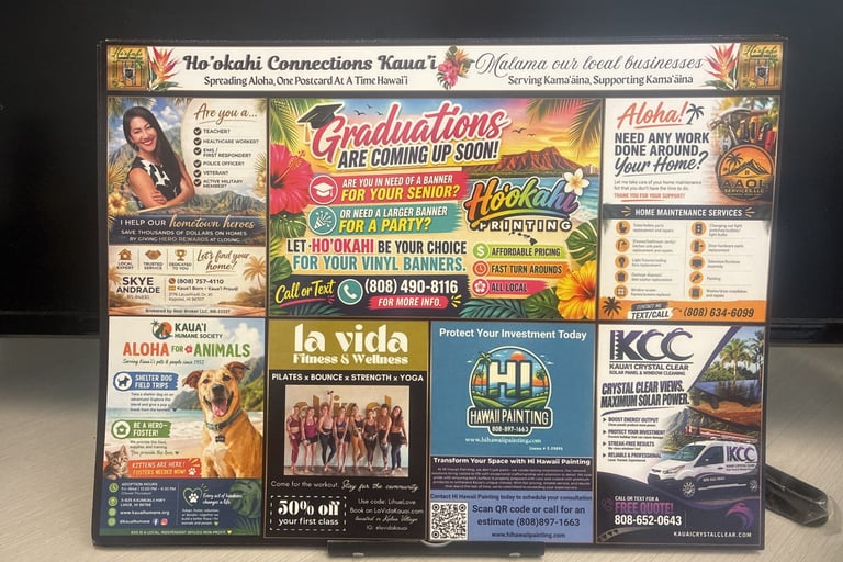 Collection of colorful Hawaiian business flyers and promotional posters displayed together, featuring local Kauai businesses and events