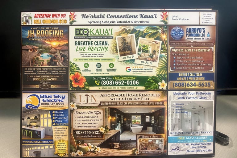 A collection of local business advertisements arranged in a grid layout on a bulletin board, featuring roofing, home remodeling, and other services with contact information.