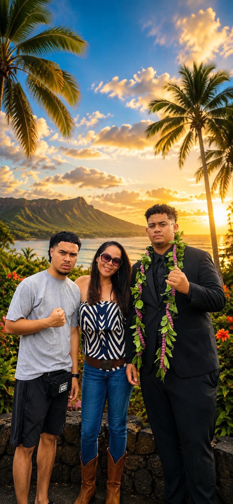 Three people posing together with tropical sunset backdrop, palm trees, and ocean coastline at golden hour