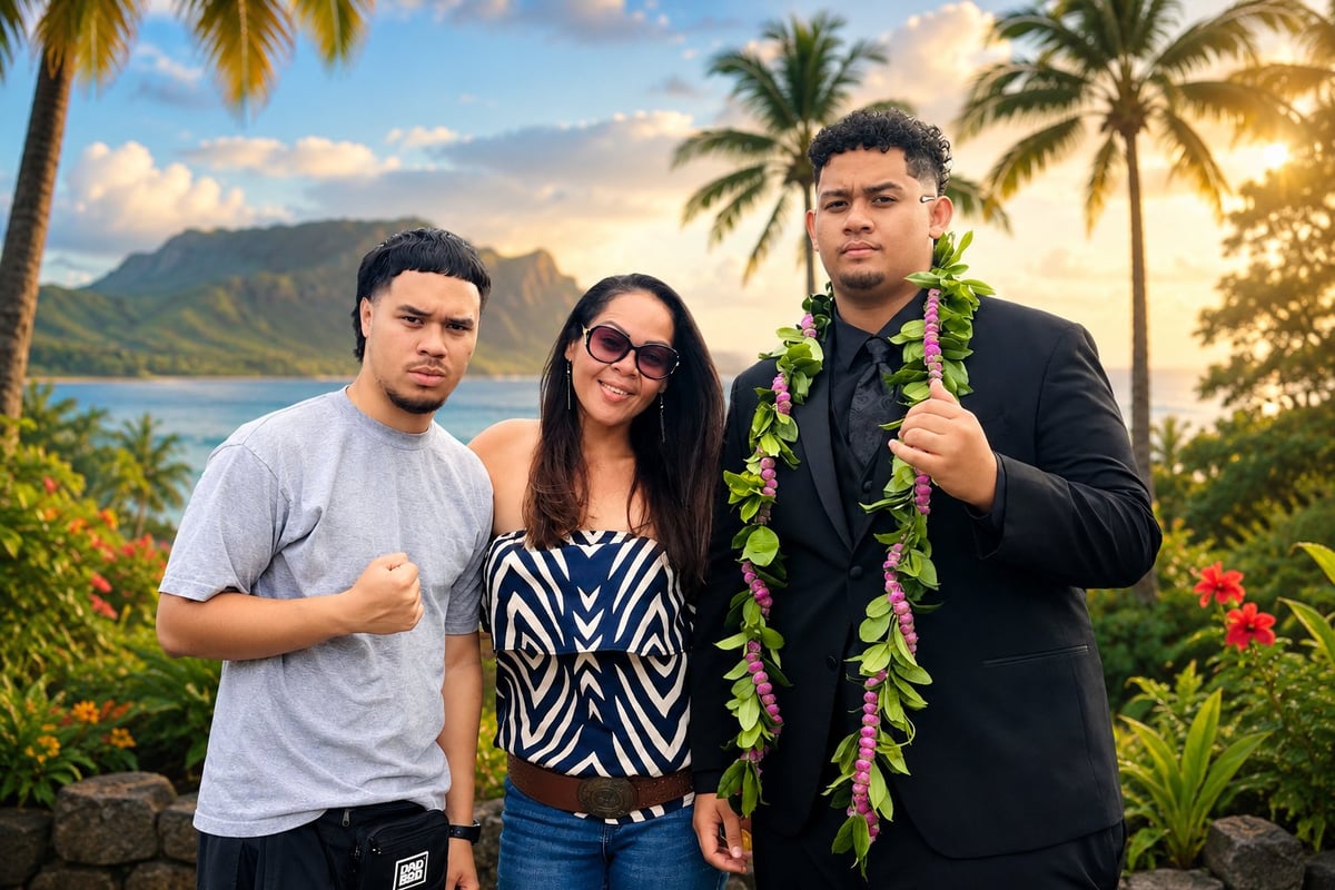 Three people posing together with tropical backdrop of palm trees, mountains, and ocean at sunset
