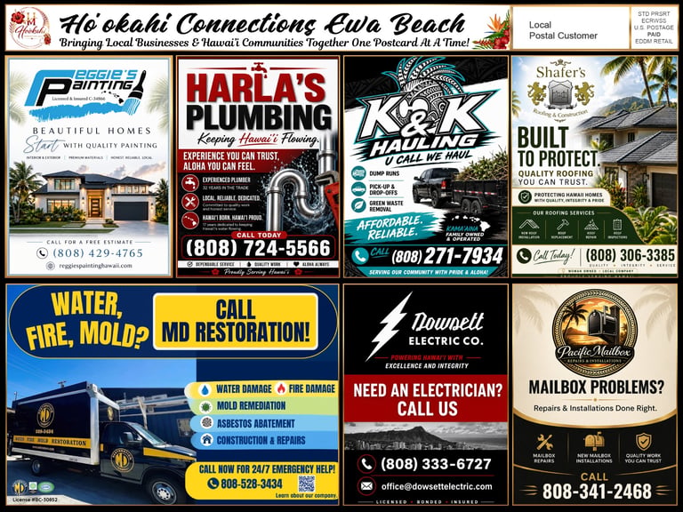 Collection of local business advertisements for home services including painting, plumbing, roofing, restoration, electrical, and mailbox repair in Oahu.