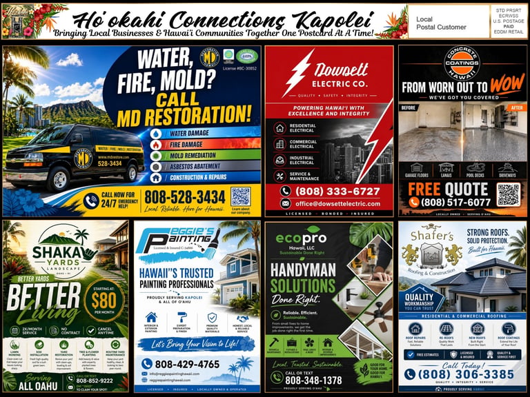 Hokalani Connections Kapolei local business directory featuring advertisements for water damage restoration, electrical services, painting contractors, handyman solutions and other trades