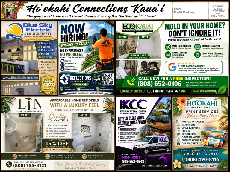 Collage of local business advertisements from Hookahi Connections Kauai featuring contractors, electricians, mold removal, and home services with contact information