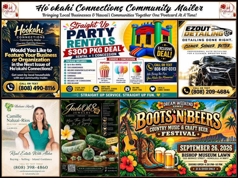 Hokahi Connections Community Mailer featuring local businesses, party rentals, bounce house, real estate, restaurant, and Boots N Beers festival advertisement