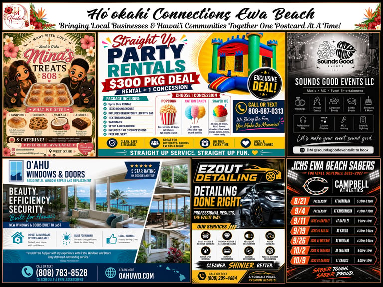 Aloha Connections Ewa Beach business directory postcard featuring local restaurants, party rentals, event services, and community businesses