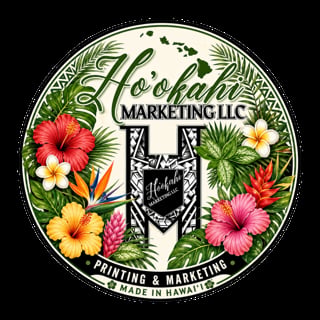 Hookahi Marketing LLC logo featuring tropical flowers, fern leaves, and an H monogram, with Printing & Marketing Made in Hawaii text