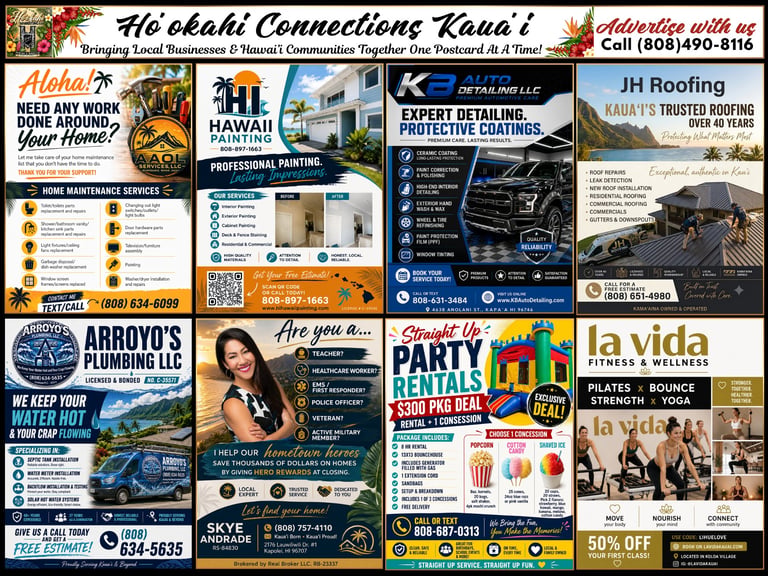 Collage of local business advertisements including home services, painting, detailing, roofing, plumbing, party rentals, and fitness wellness.