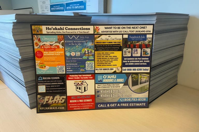 Stack of promotional business cards or flyers featuring local Hawaiian connections and services advertisements