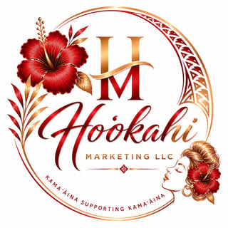Ho'okahi Marketing LLC logo featuring red hibiscus flowers and gold lettering